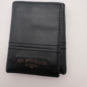 Levi Strauss & Co San Francisco logo Mens Black Leather Trifold Wallet ID Window